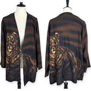 Vintage Tiger Print Kimono Duster Jacket Art to Wear Lightweight Rayon Brown 90s